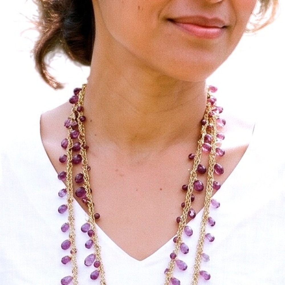 Vintage Purple Lucite Flapper Rope Necklace Crochet Gold Metallic Thread